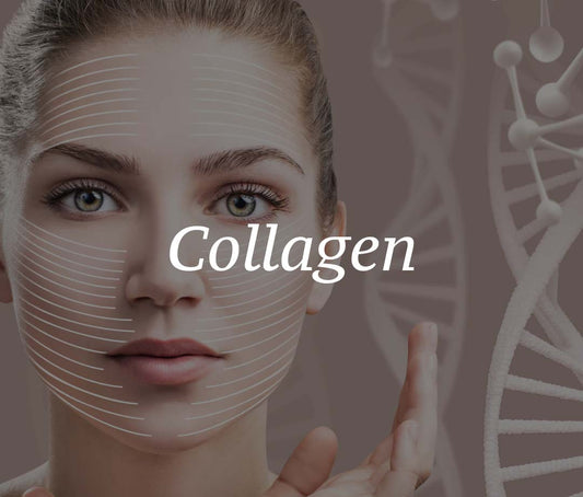 woman with collegen molecules in the background to represent our collagen collection