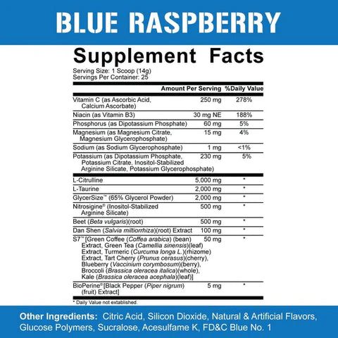 Nutrition facts of a Blue rasberry 5% full as F stim free workout available in Ocala nutrition stote online