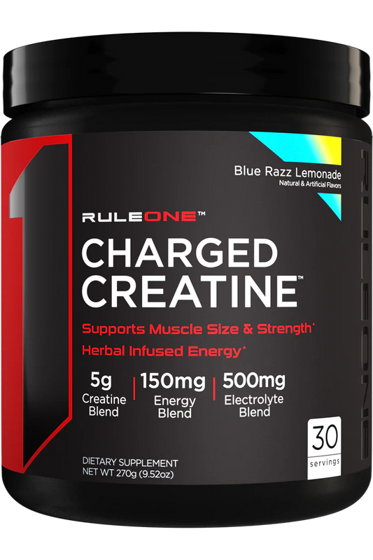 A bottle of rule one charged creatine blue razz lemonade flavored which is avalable at Ocala nutrition Cenetr and Ocala online store