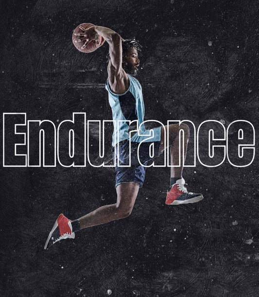 a basketball player going for the dunk with the letters Endurance are across the image