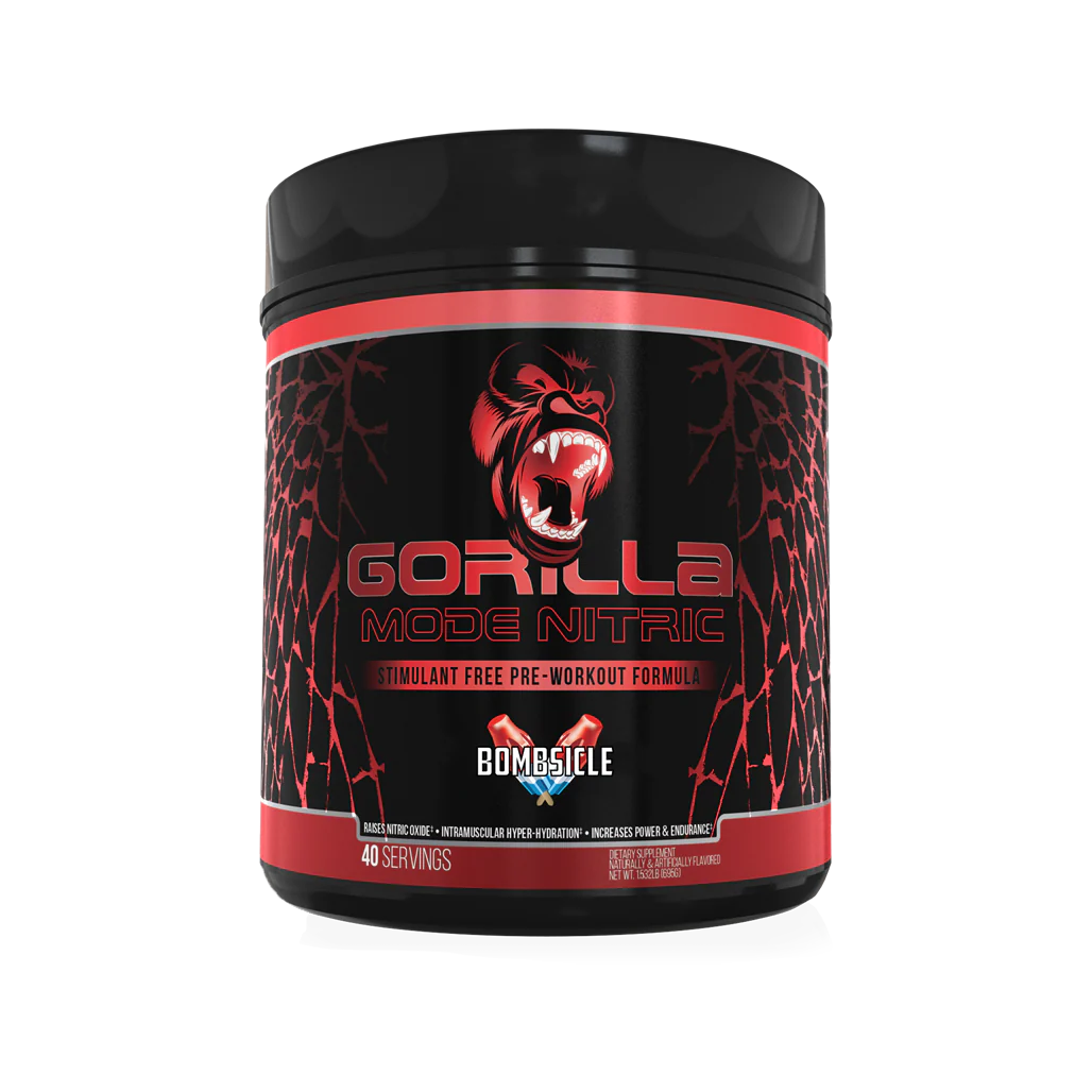 a bottle of Gorilla Mode Nitric Stim Free Pre-Workout. Available in Ocala Nutrition Store