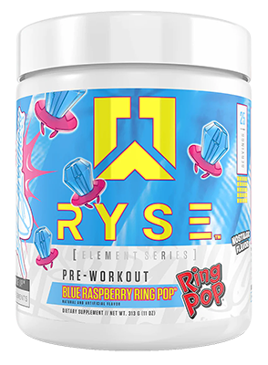 bottle of RYSE Pre Workout blue raspberry Ring Pop