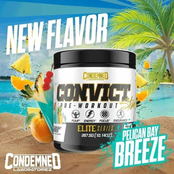a bottle of convict pre-workout available in Ocala Nutrition Store.Background of a beach