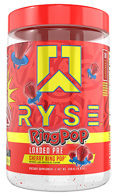 bottle of RYSE Pre-Workout  Cherry Ring Pop